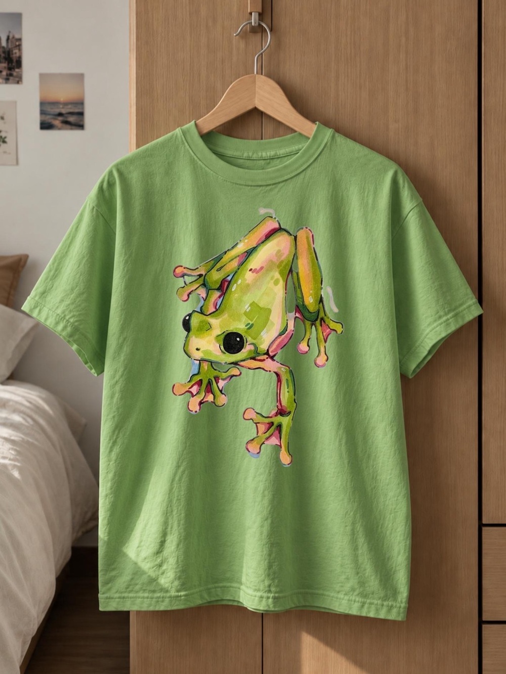 Green Frog Graphic Tee, Colorful Nature Art T-Shirt